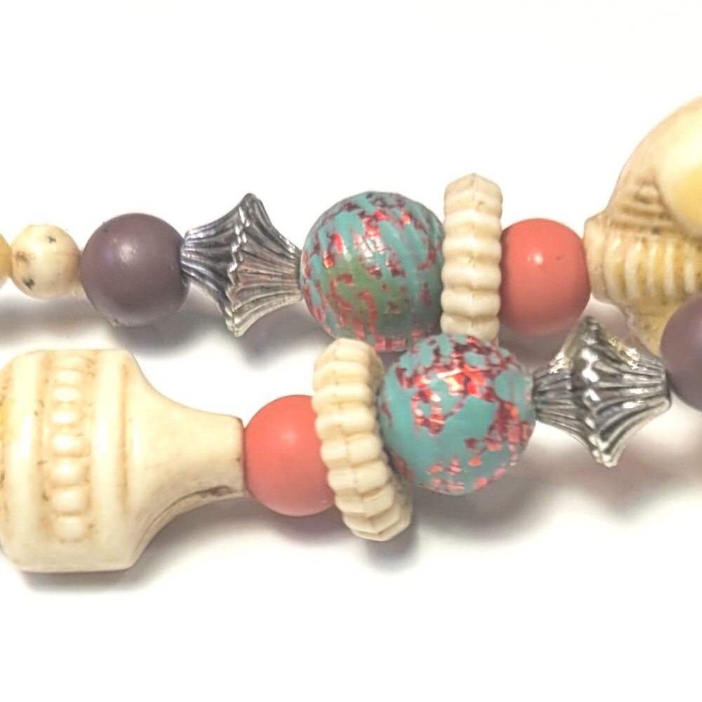 C. 1970s- 29" Hand Carved Bone Tribal Necklace Boho Ethnic Turquoise Coral Color